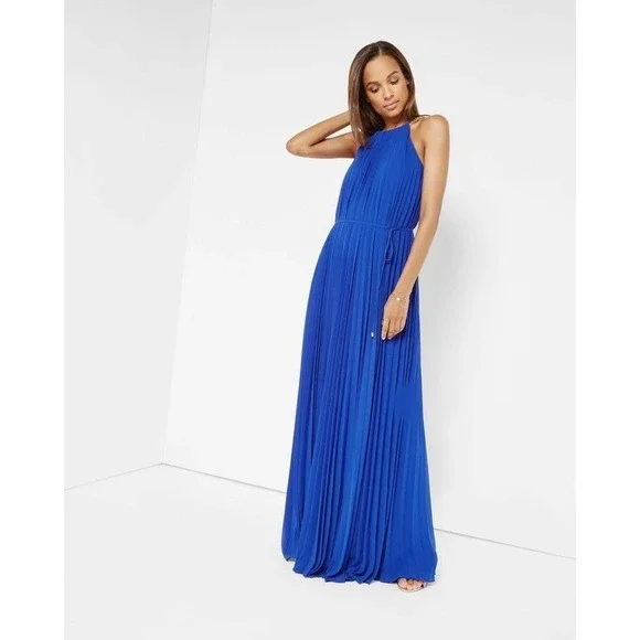 Ted Baker Size 0 / US 2 Blue Helyos Halter Neck Maxi Dress Accordion Pleated - Picture 3 of 11